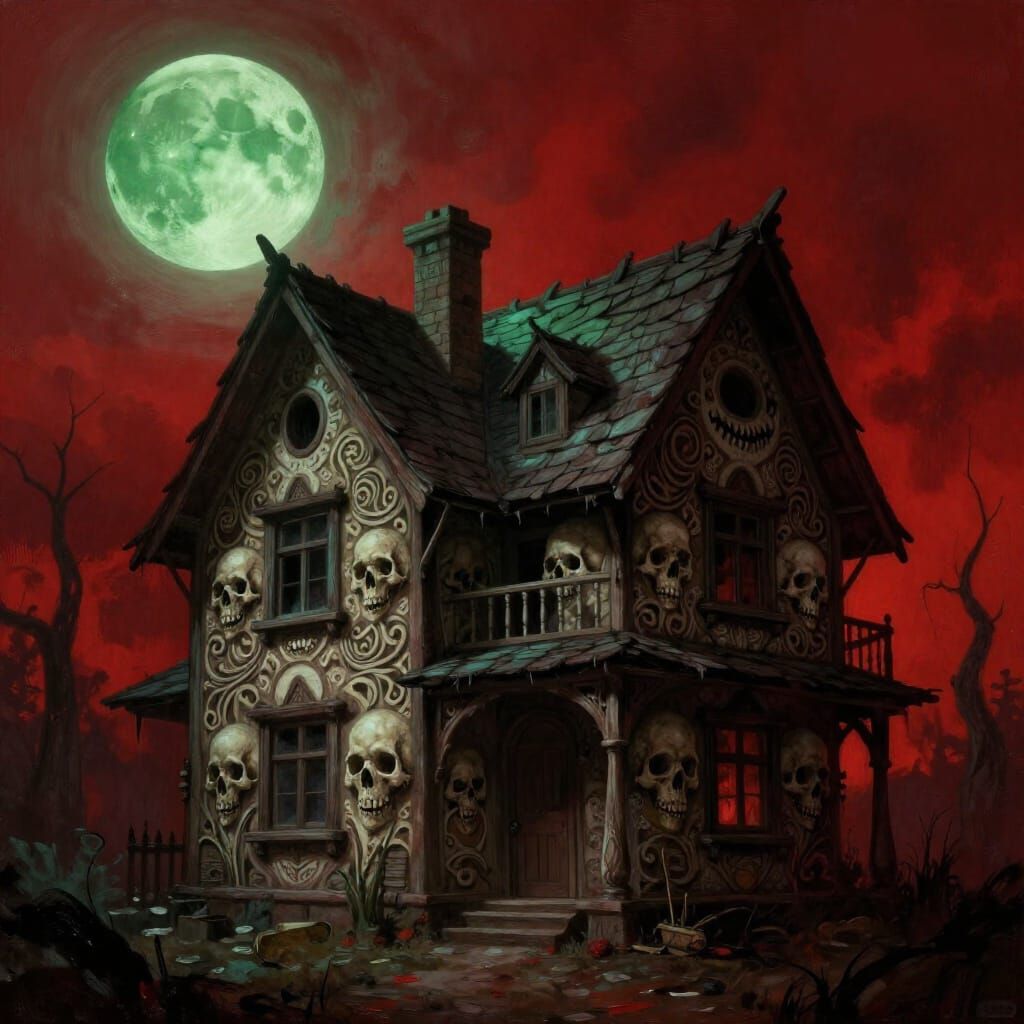 Macabre Skull House Under a Sickly Green Moon