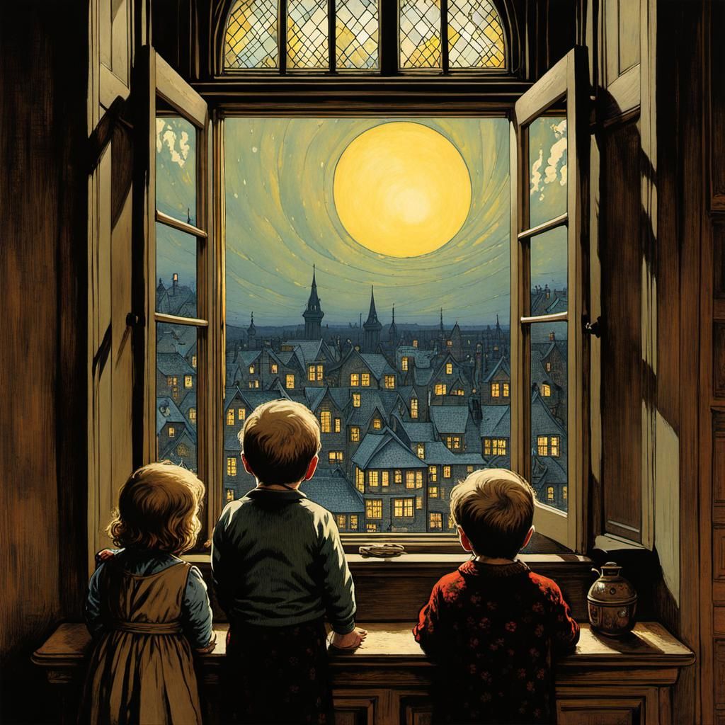 Toddler Siblings Await Father, Ink Splash Art