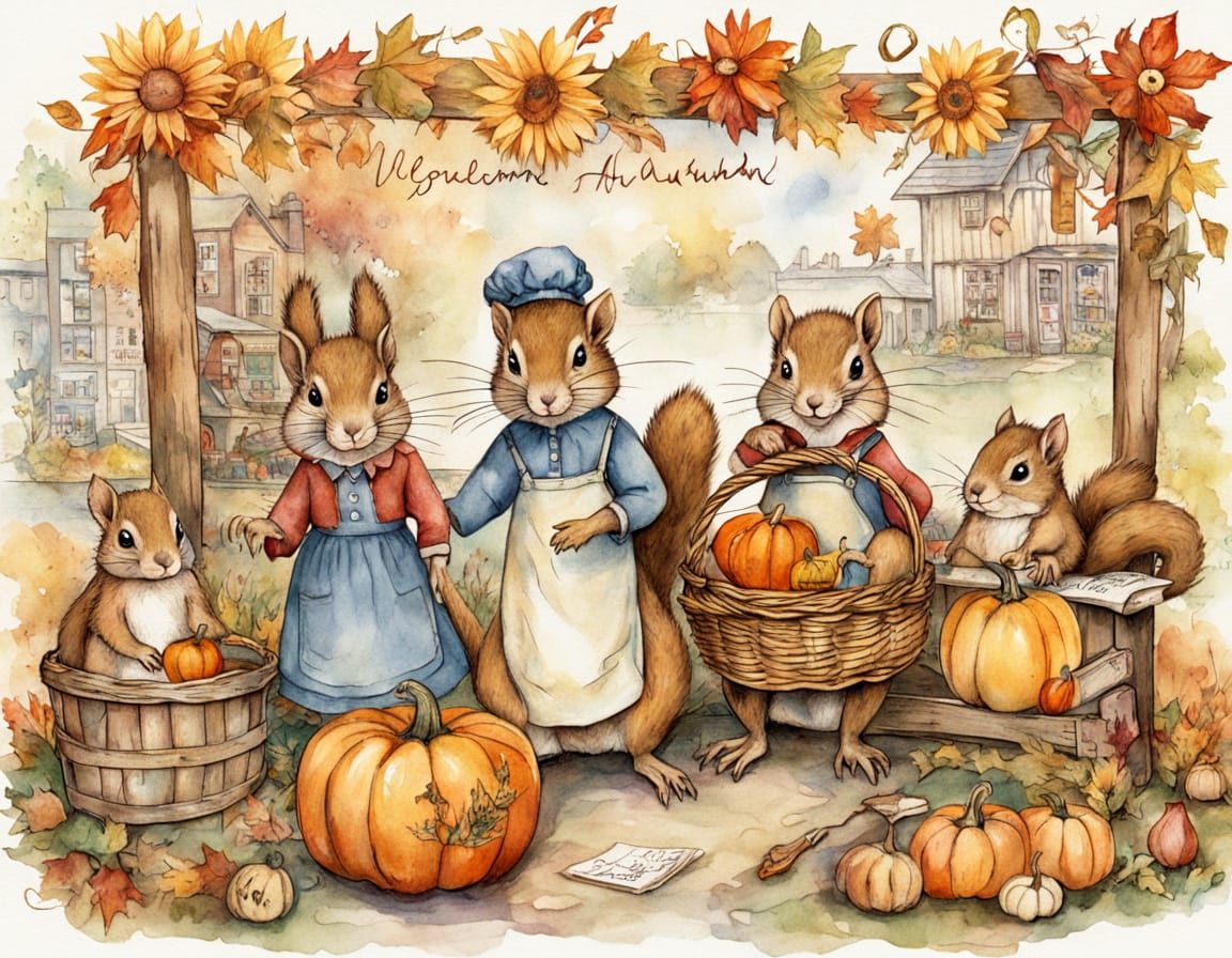 Beatrix Potter Style Autumn Scene with Animals