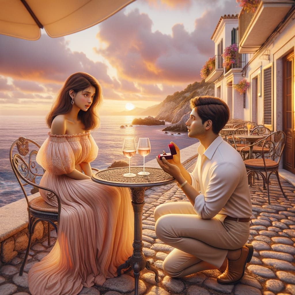Romantic Seaside Proposal at Spanish CafΓ© Terrace