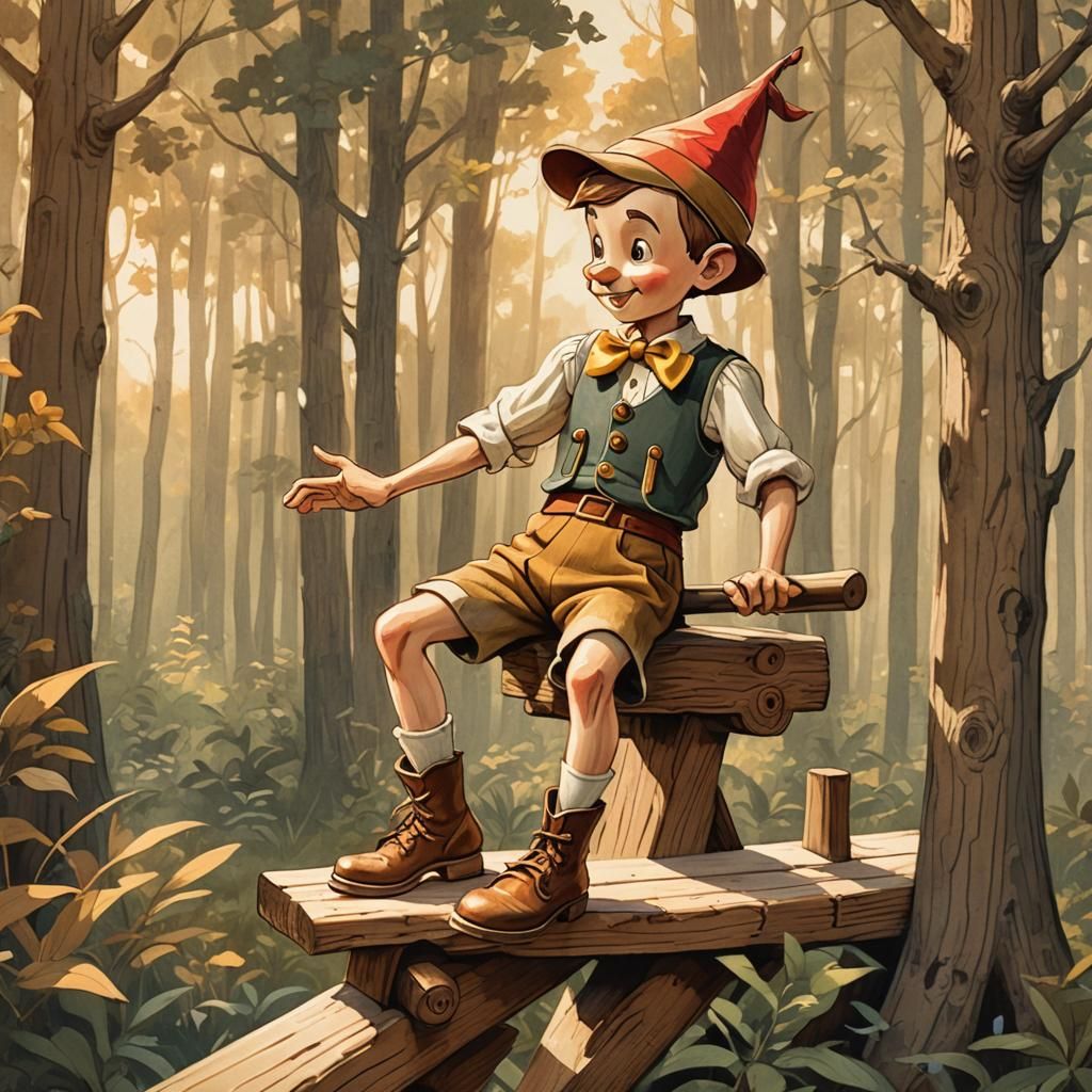 Wooden Pinocchio on Pommel Horse in Storybook Style