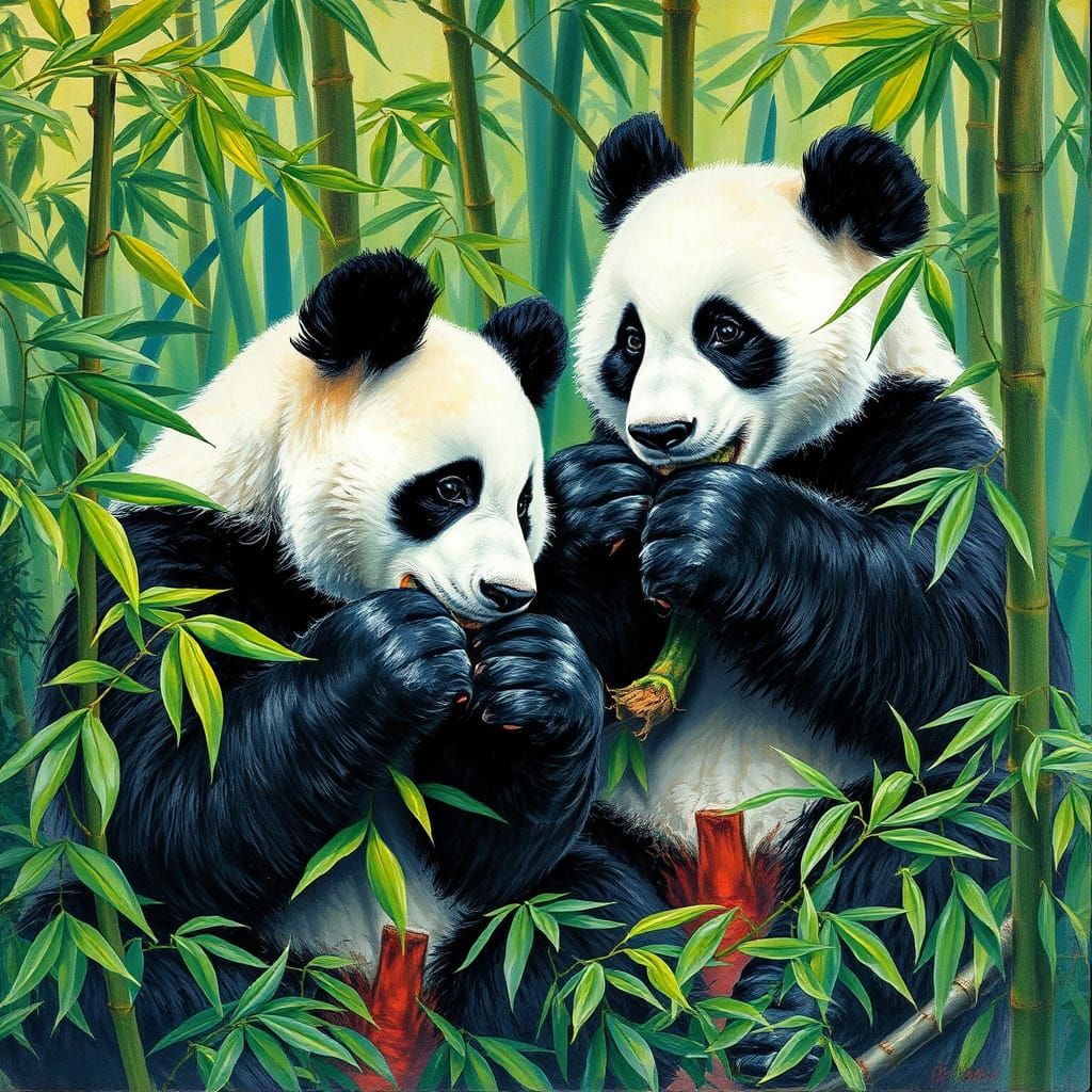 Elegant Pandas Amidst Vibrant Greenery in Impressionist Mast...