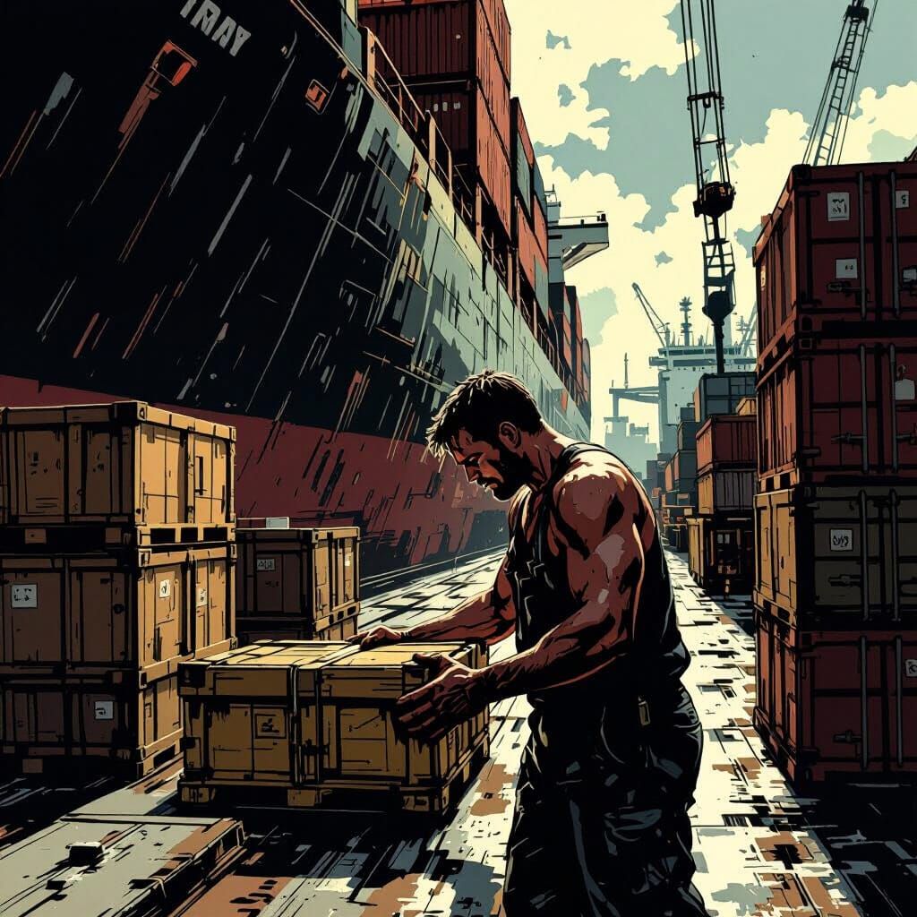 Stevedore Loading Cargo on Busy Dockside in Graphic Novel St...