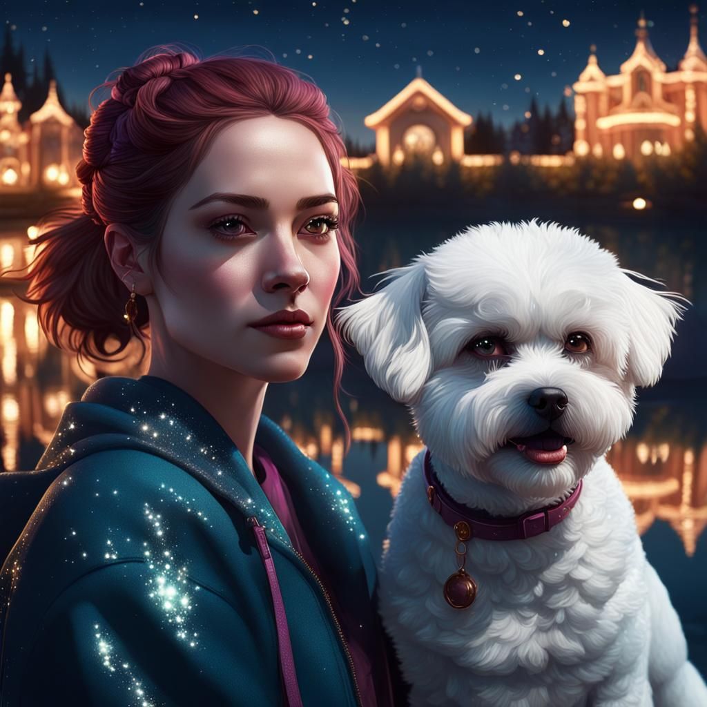 Girl and Bichon Frise by Sparkling Lake