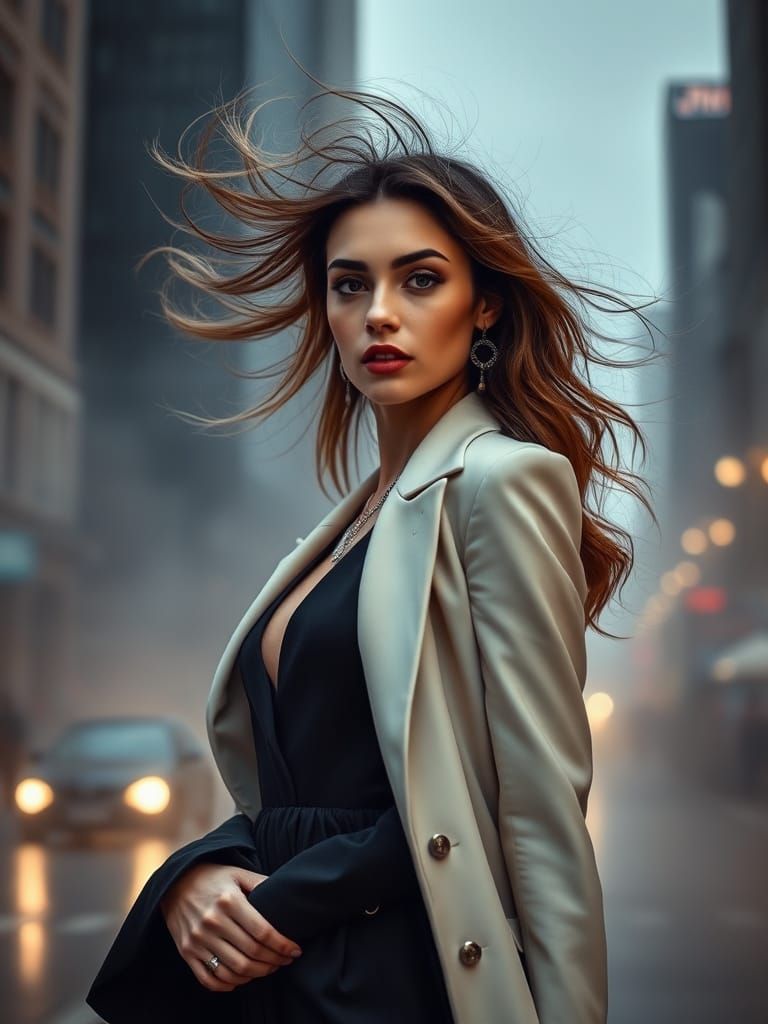 Elegant Israeli Model in City Mist, Luxurious Attire