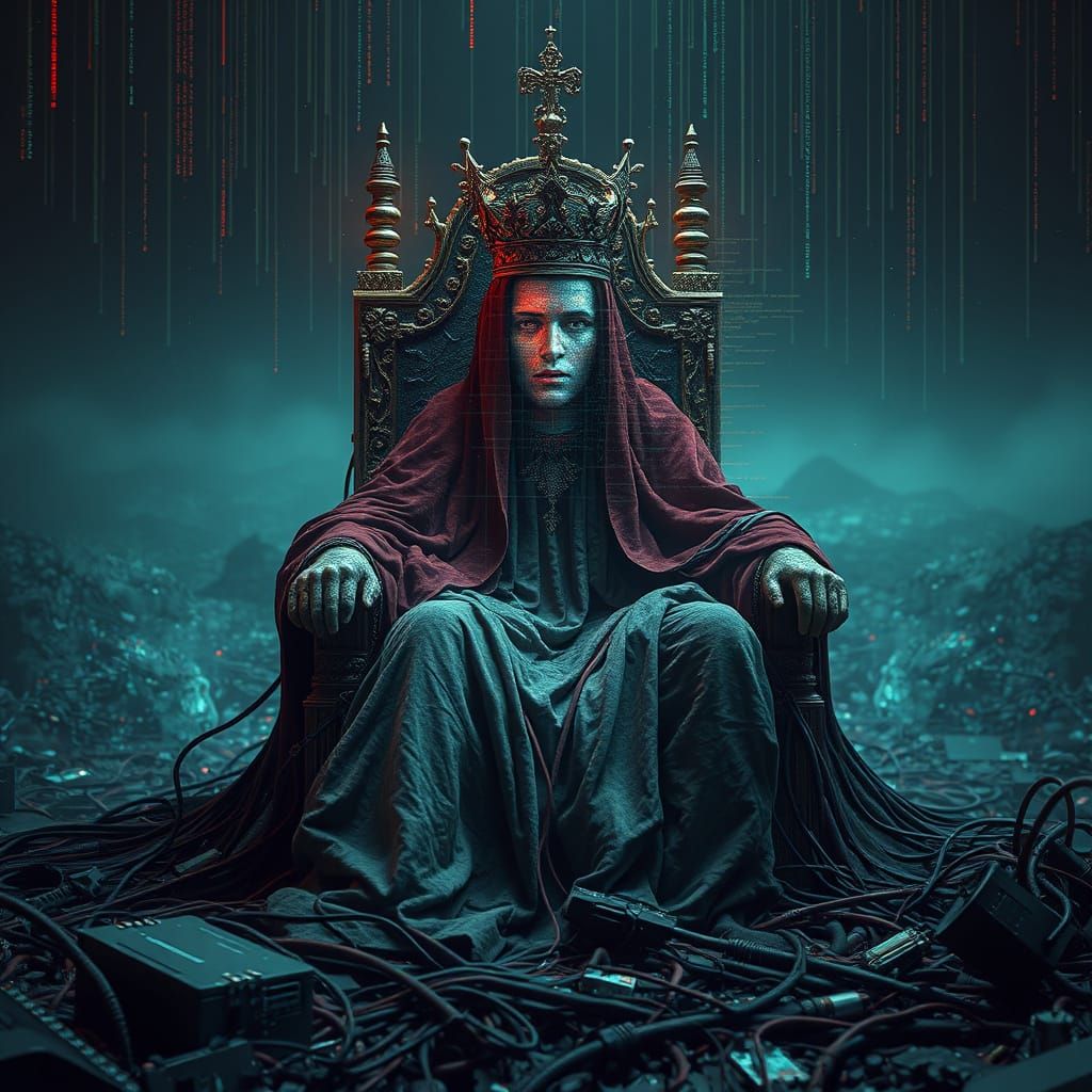 Monarch on Circuit Board Throne in Digital Wasteland