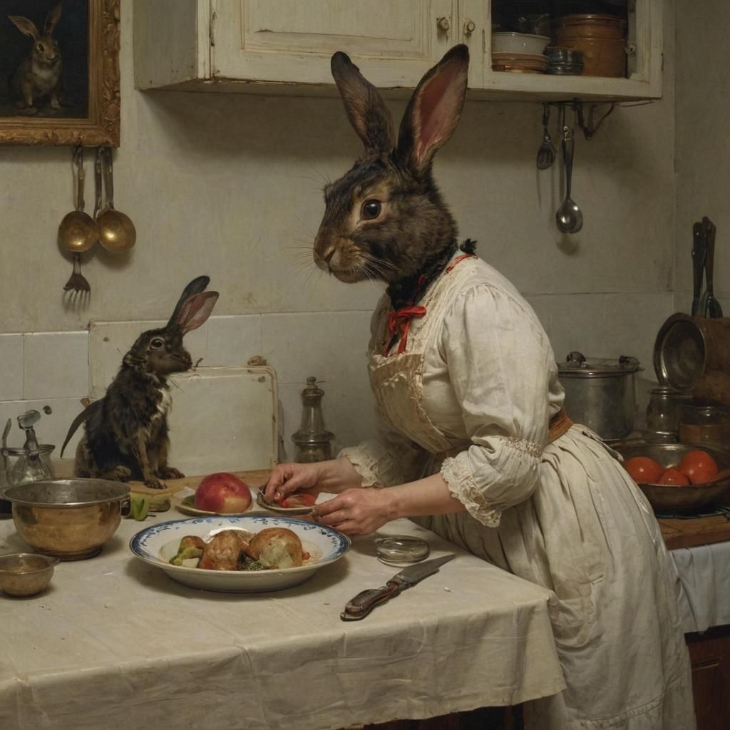 Surreal Kitchen Rabbit, Dark Painterly Style