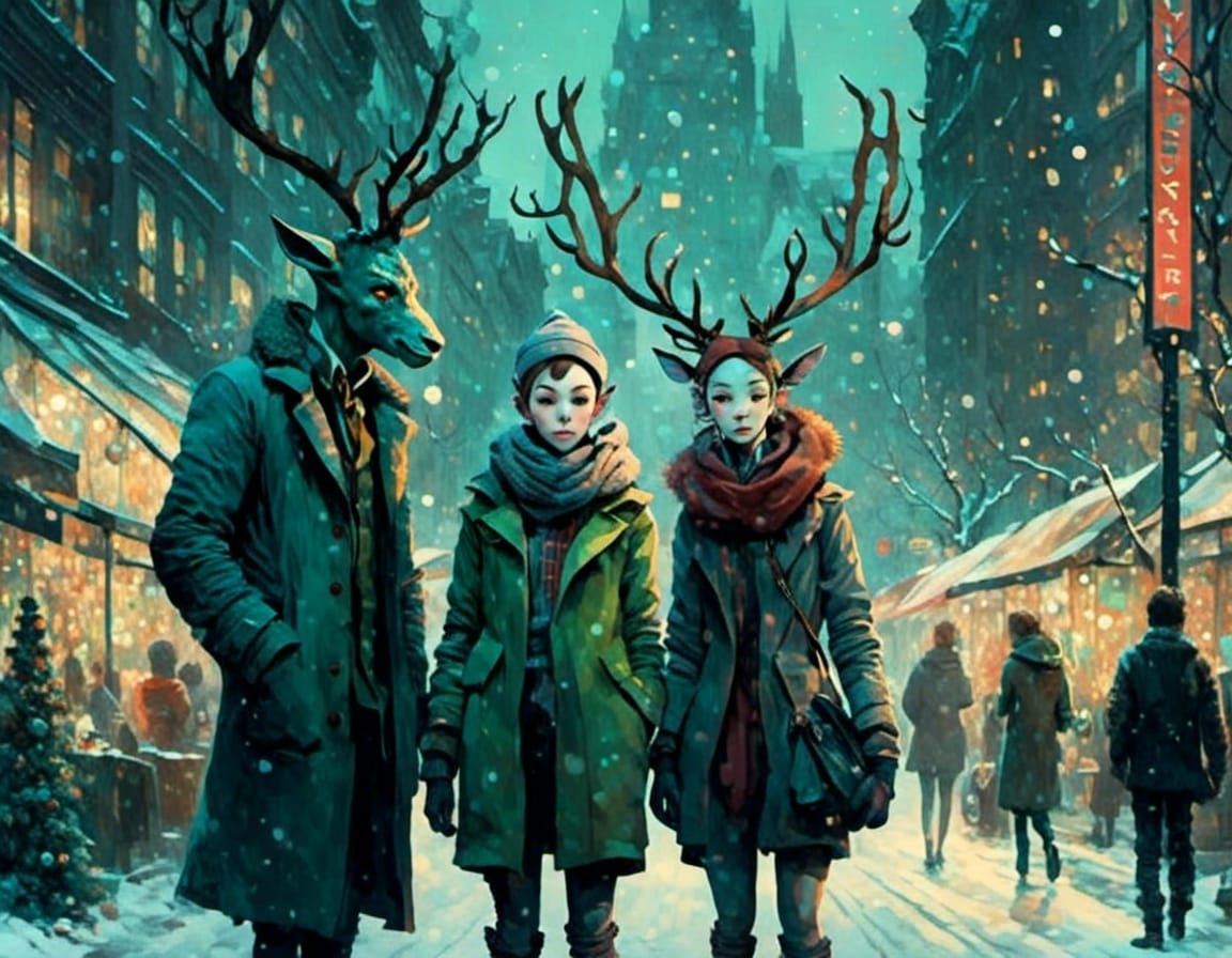 Festive Holiday Market Scene in Watercolor Style