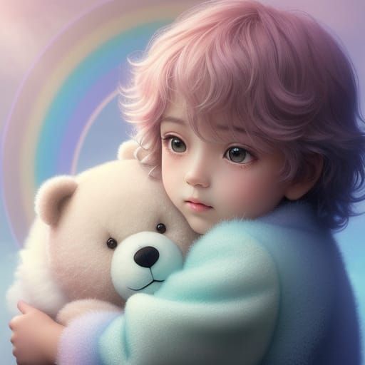 Child Embraces Teddy Bear on Rainbow in Whimsical Digital Ar...