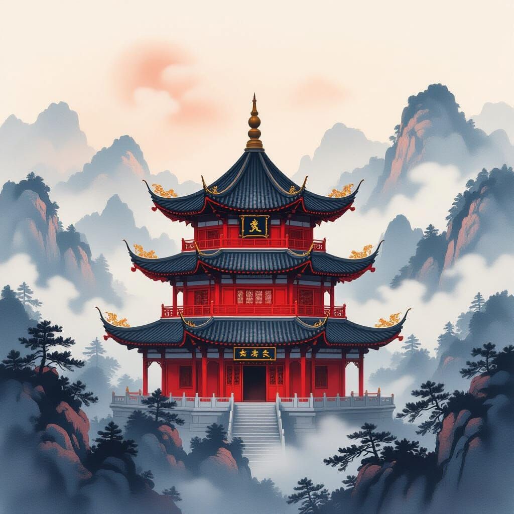 Crimson Red Pagoda in Misty Mountains