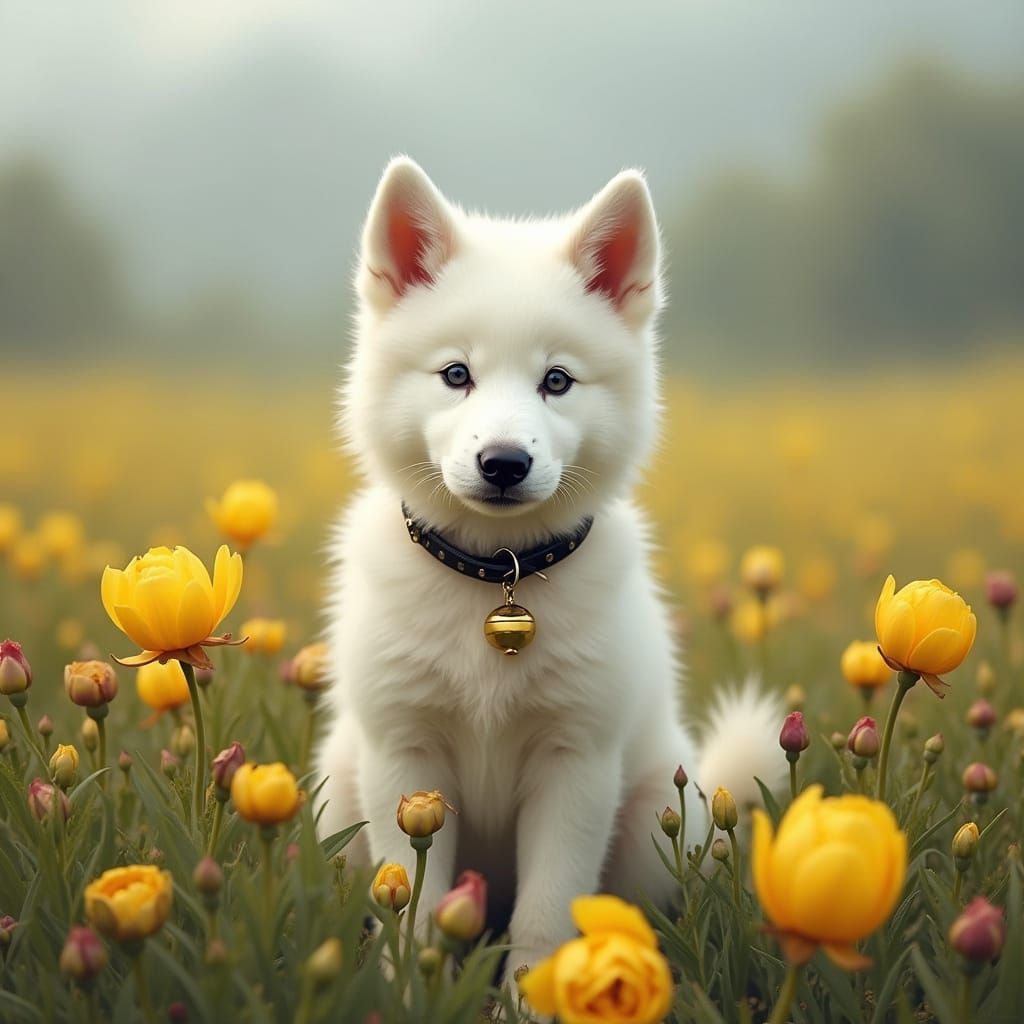 Wolf Cub Among Peonies in Hyper-Realistic Oil Painting