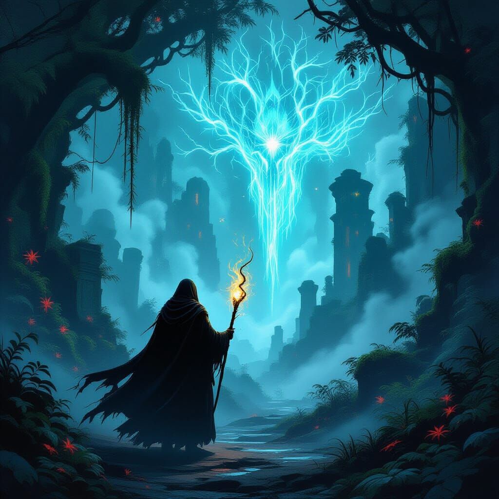 Lone Figure in Glowing Bioluminescent Forest