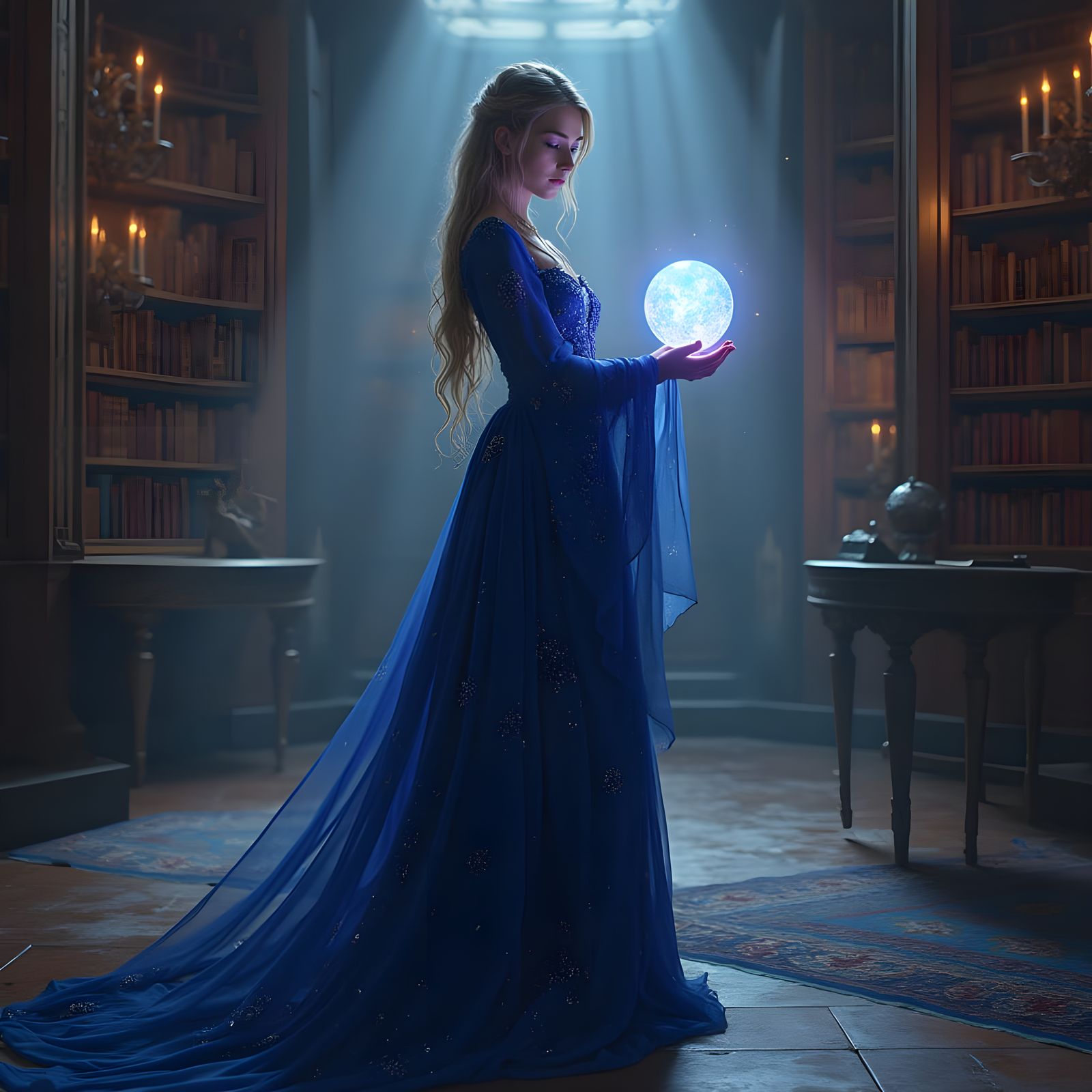 Enchantress in Library, Dark Fantasy Concept Art