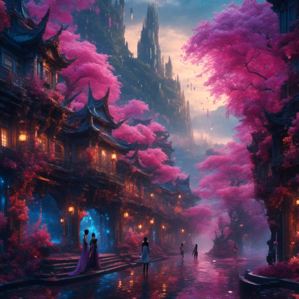 Cyberpunk Girls Chatting by Wall in Detailed Matte Painting