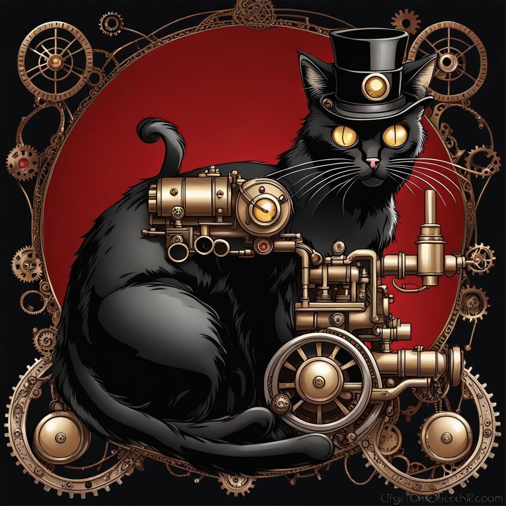 Black Cat Christmas with Steampunk Engine