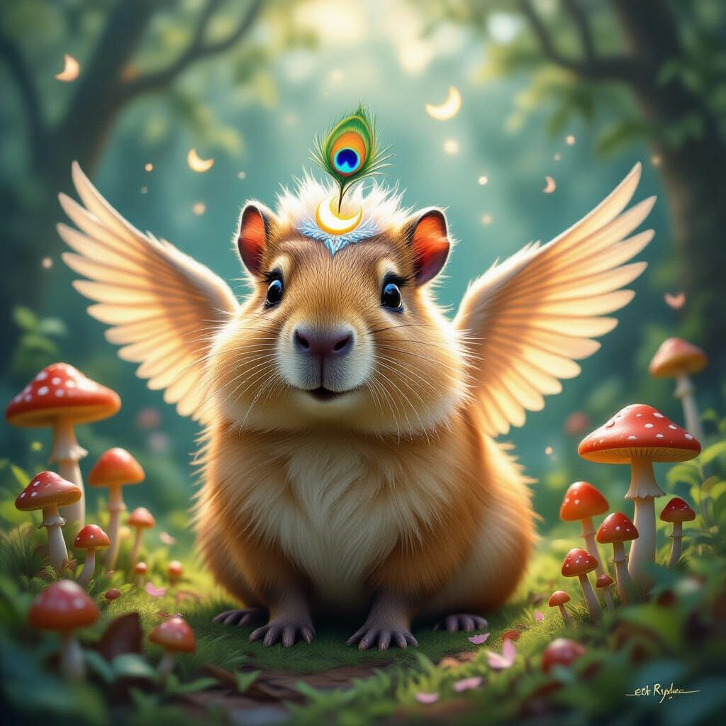 Winged Capybara in Glowing Mushroom Garden, Surreal Portrait