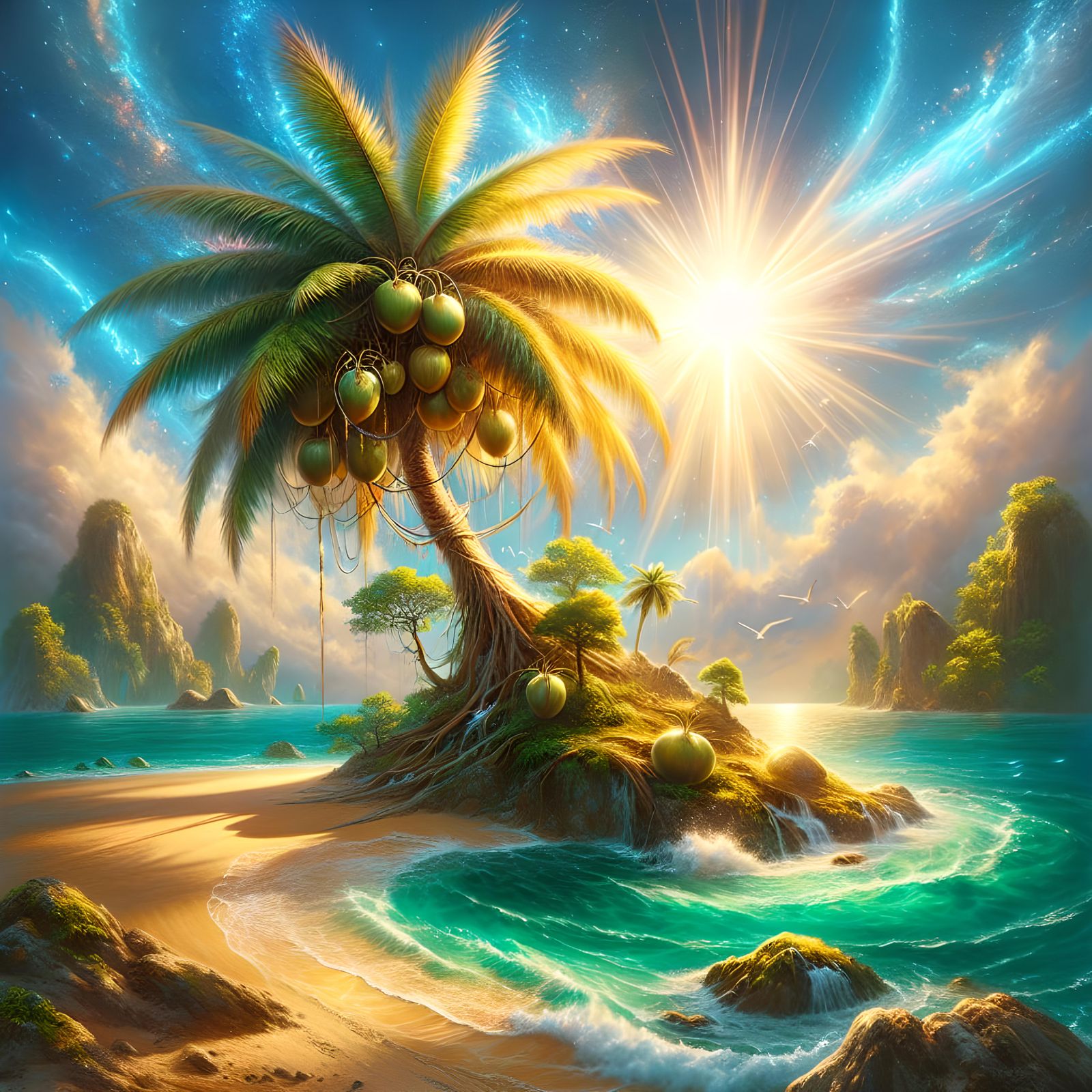 Island Palm Tree with Coconuts in Fantasy Art Style