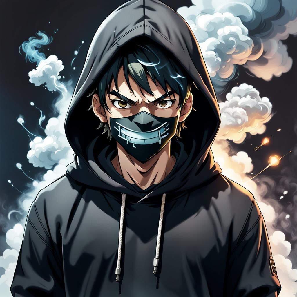Manga Character with Sword Hiding Face in Smoke