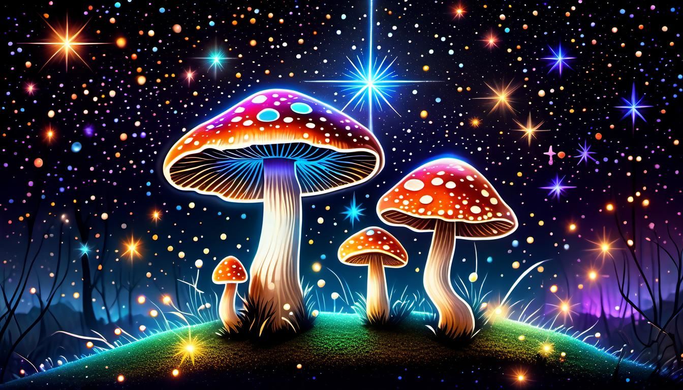 Glowing Mushroom Under Sparkling Stars: Detailed Illustratio...