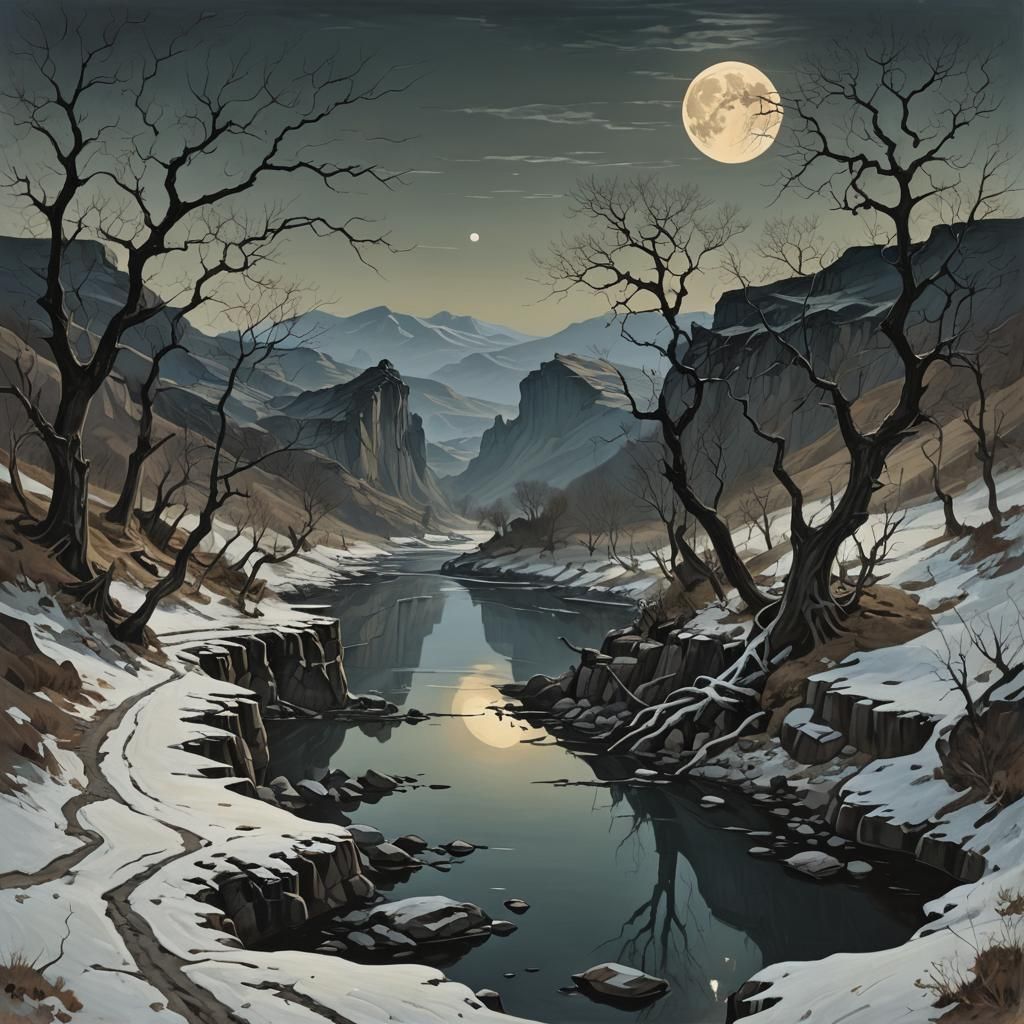 Eerie Moonlit Landscape with Red Accents