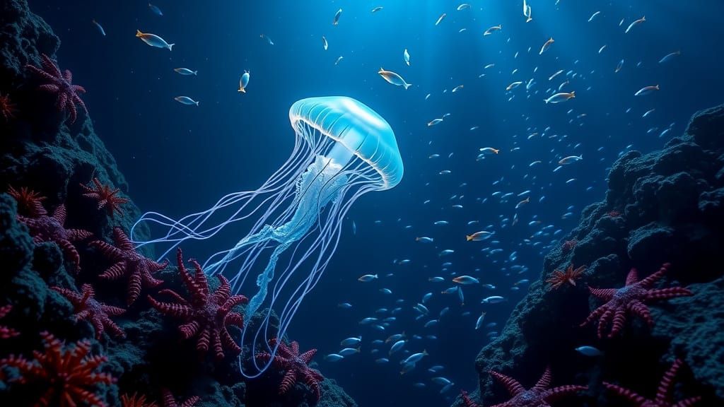 Bioluminescent Jellyfish in Coral Reef: Ethereal Art
