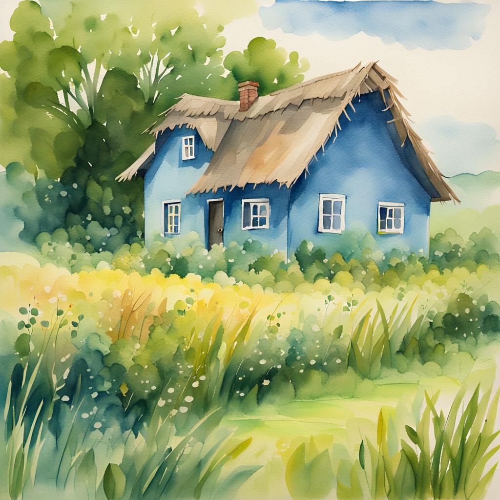 Idyllic Old Blue House in Watercolor Meadow