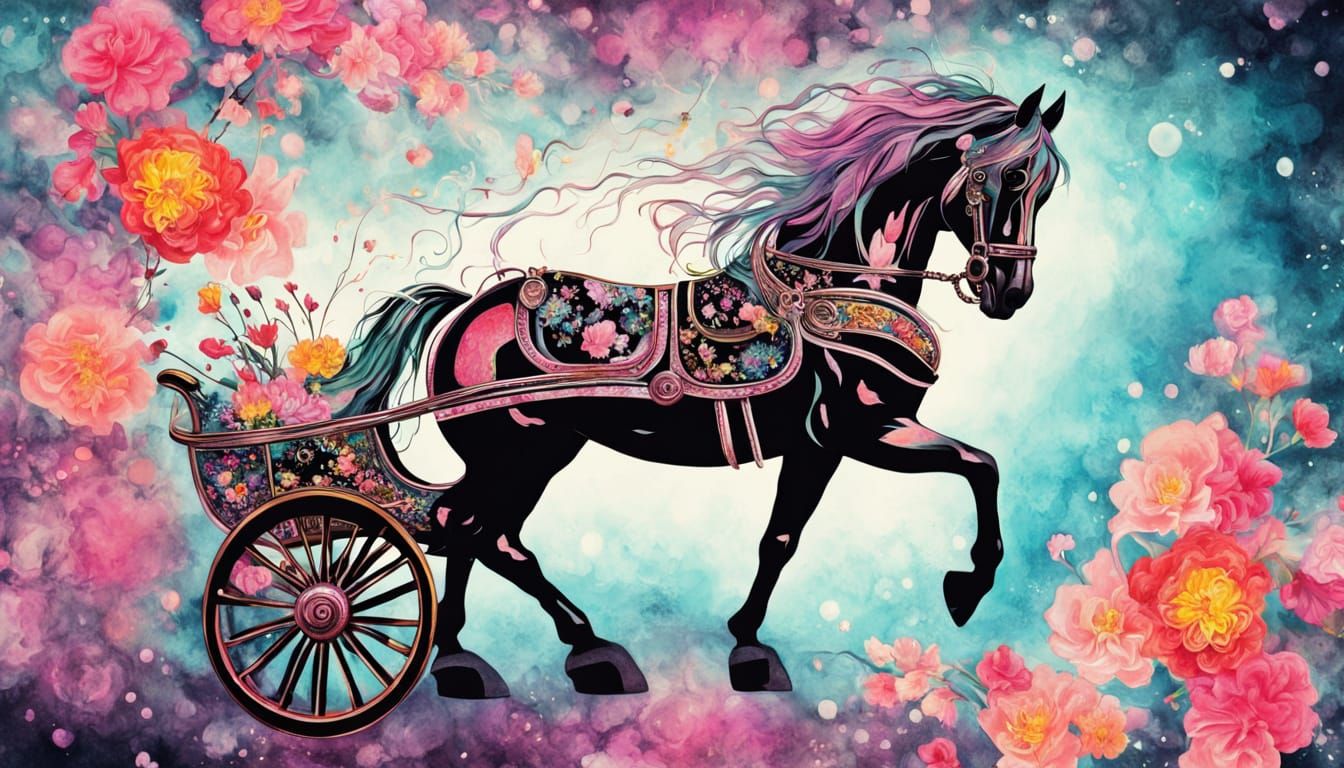 Whimsical Horse Pulls Flower Cart in Chinese Ink Style