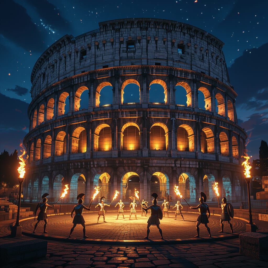 Colosseum at Night: Holographic Gladiators Fight