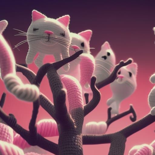 Pink Crochet Cats in a Tree: 3D Digital Art