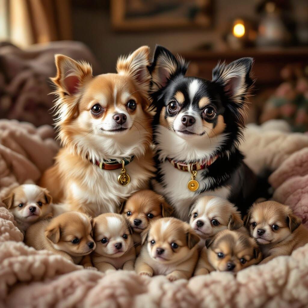 Chihuahua Family in Cozy Elegant Room, Whimsical Style