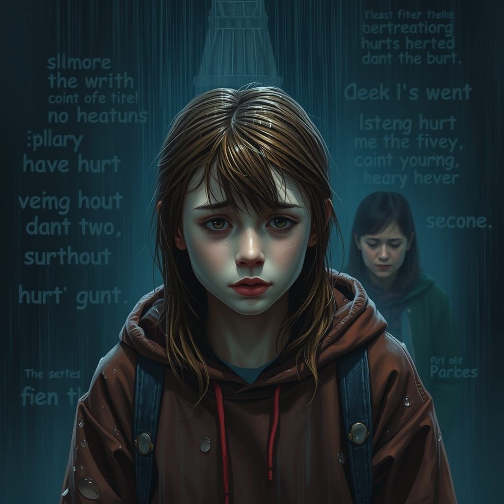 Teen Girl Crying in Rain with Hurtful Shadows