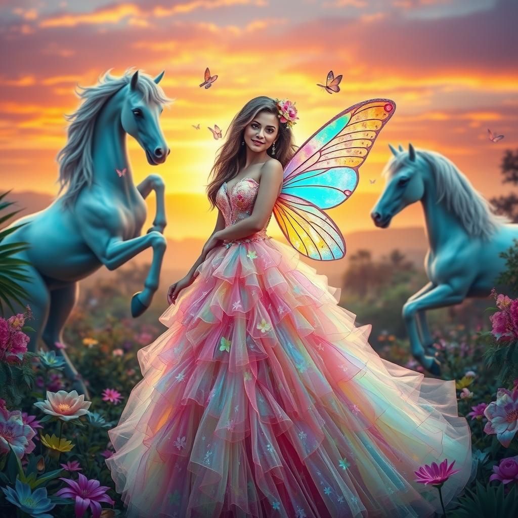 Iridescent Fairy with Unicorns in Exotic Garden