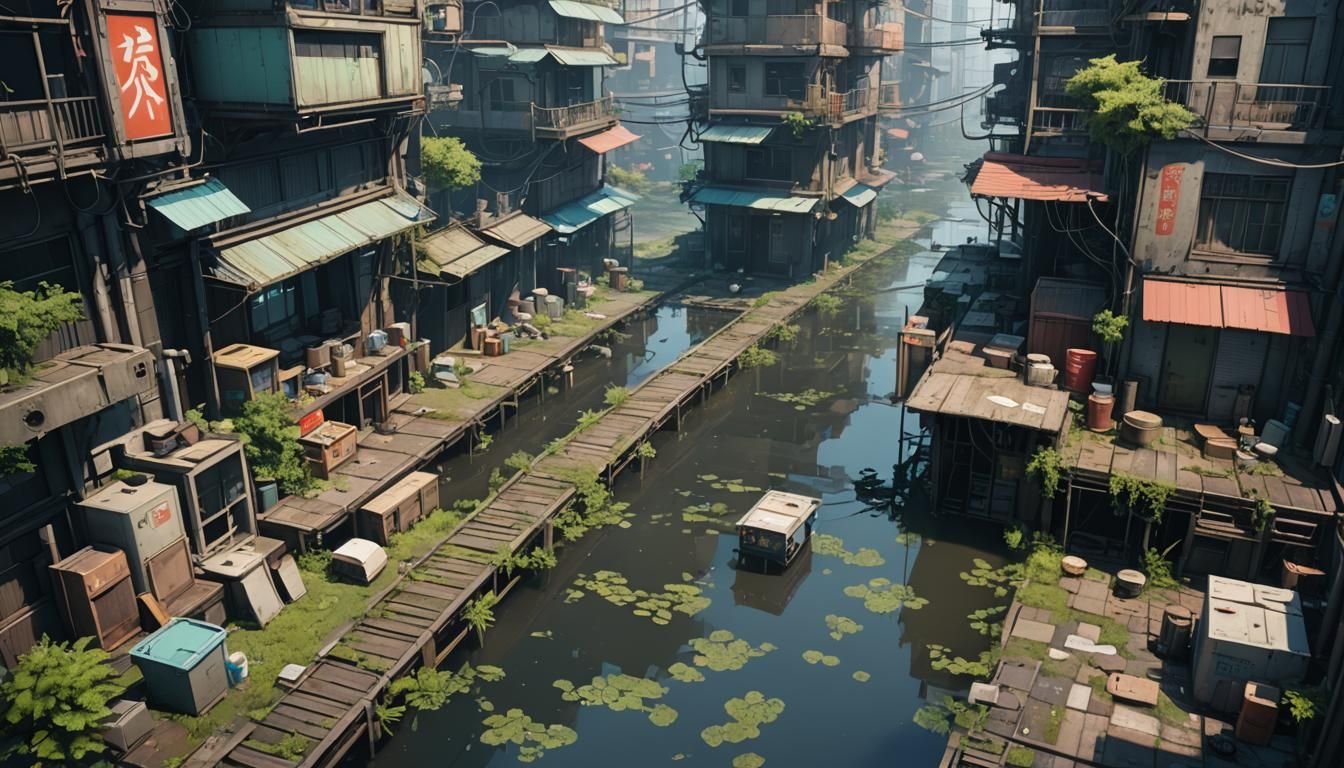 Cyberpunk City Alley with Swamp in 3D Anime Style