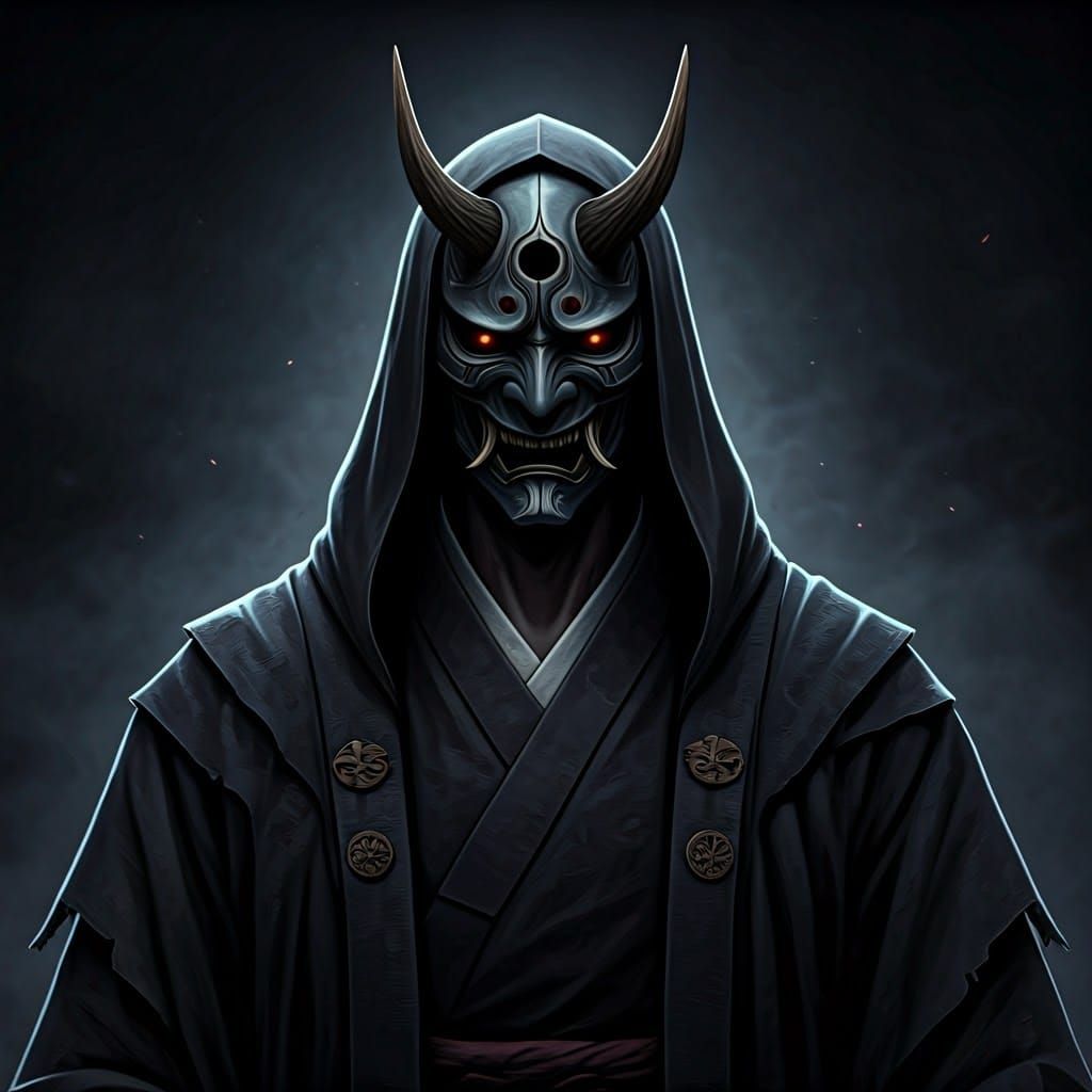 Dark Spirit in Tattered Funeral Attire with Ancient Noh Mask