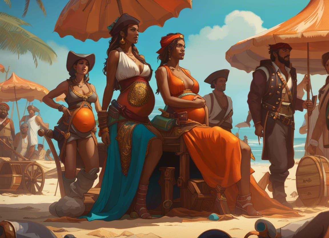 Pregnant Pirate Queen Relaxing on a Beach, Splash Art