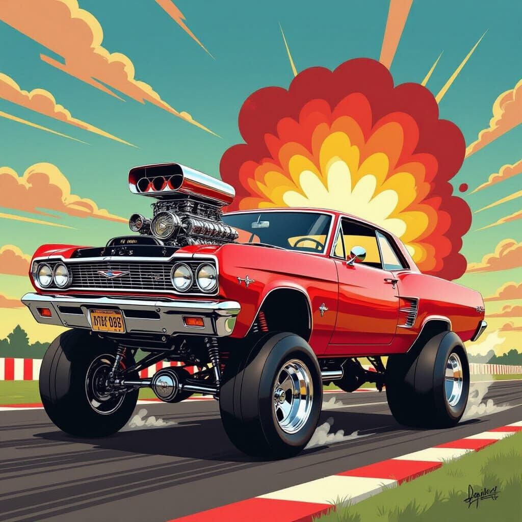 Exaggerated Muscle Car Illustration in Candy Apple Red