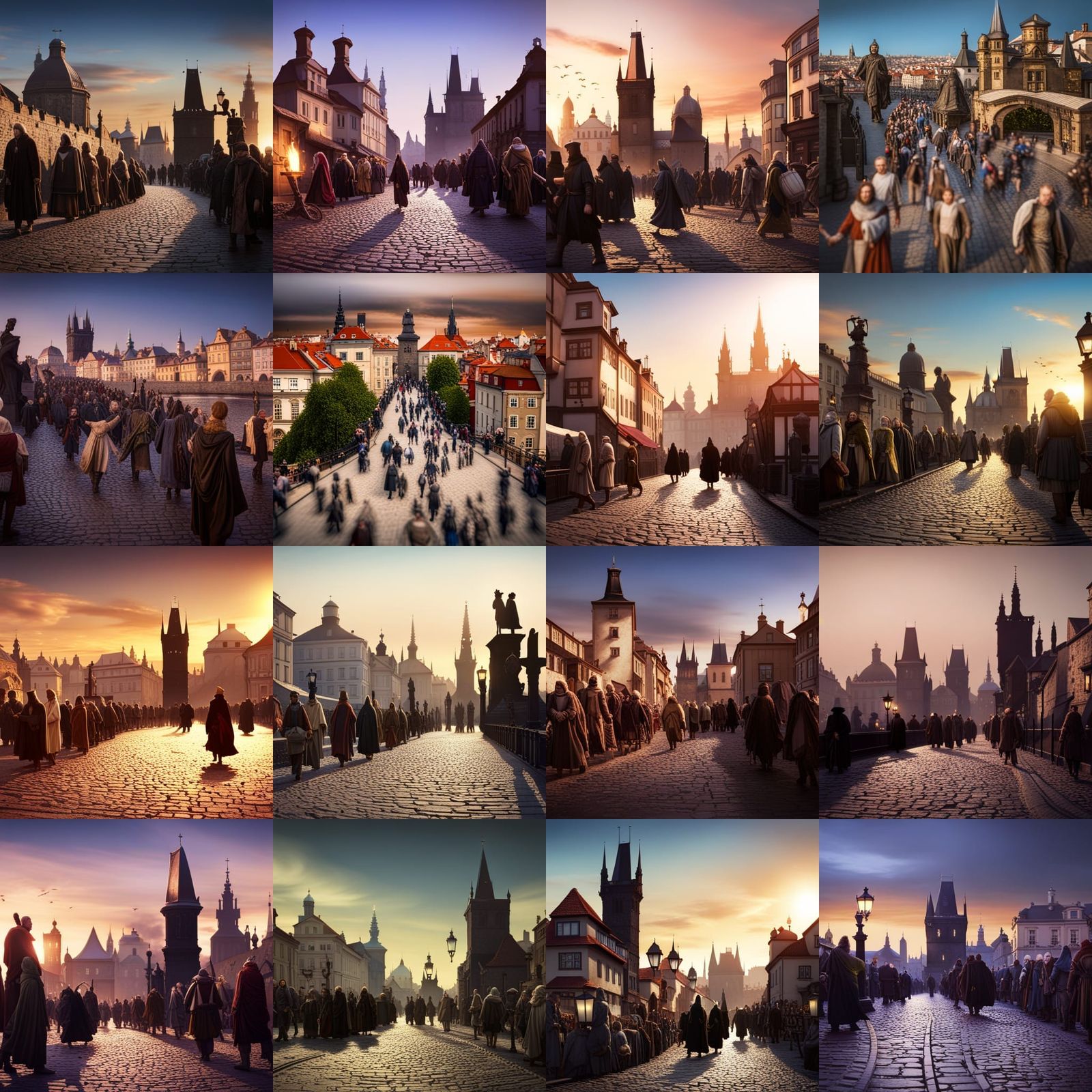 Medieval Crowd Walks Prague's Charles Bridge in 4K