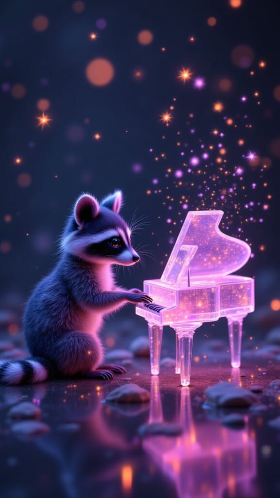 Raccoon Plays Crystal Piano Releasing Musical Light