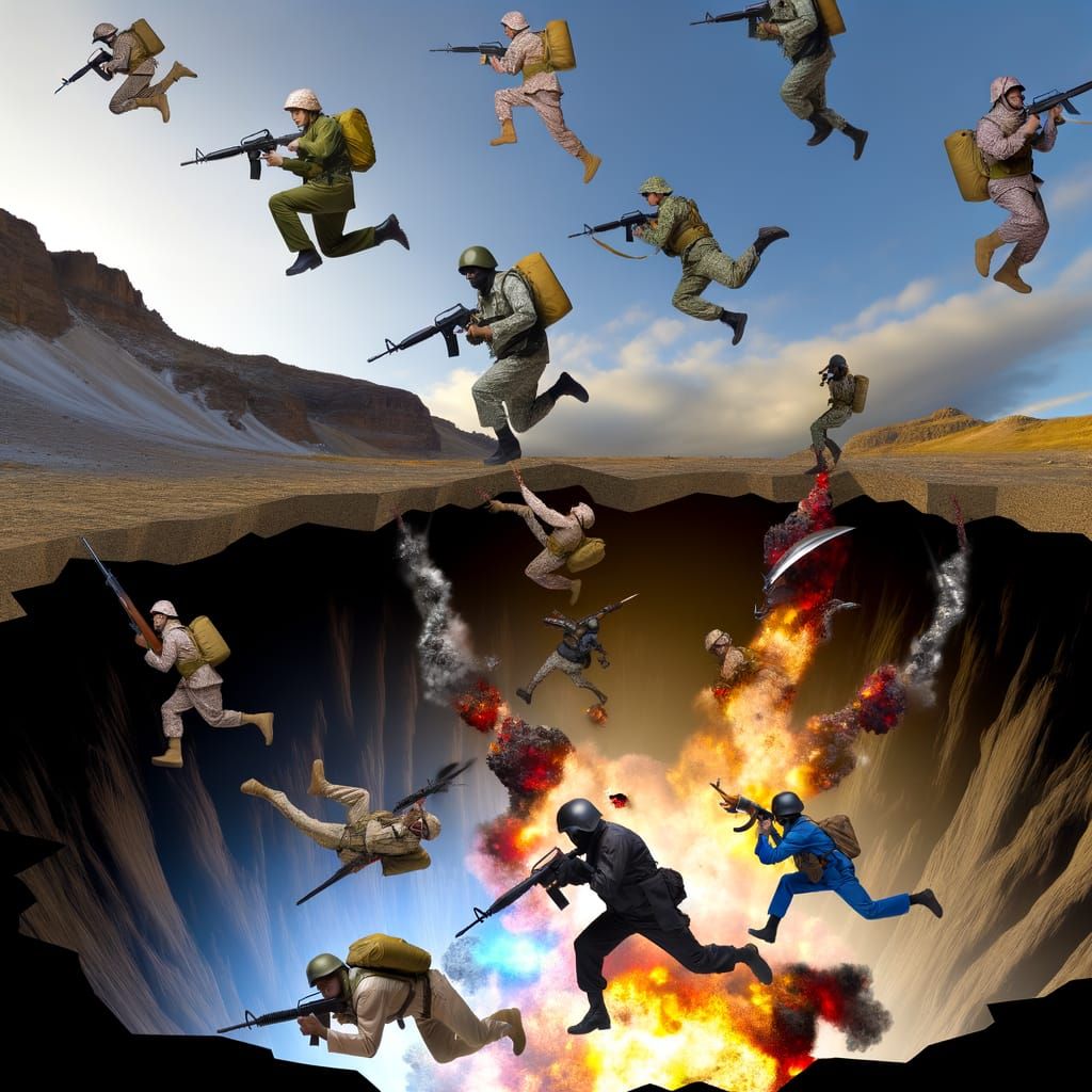 Dramatic Explosion Scene: Soldiers Fall into Crater, Fiercel...