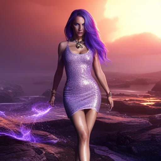 supermodel, on the runway, purple hair