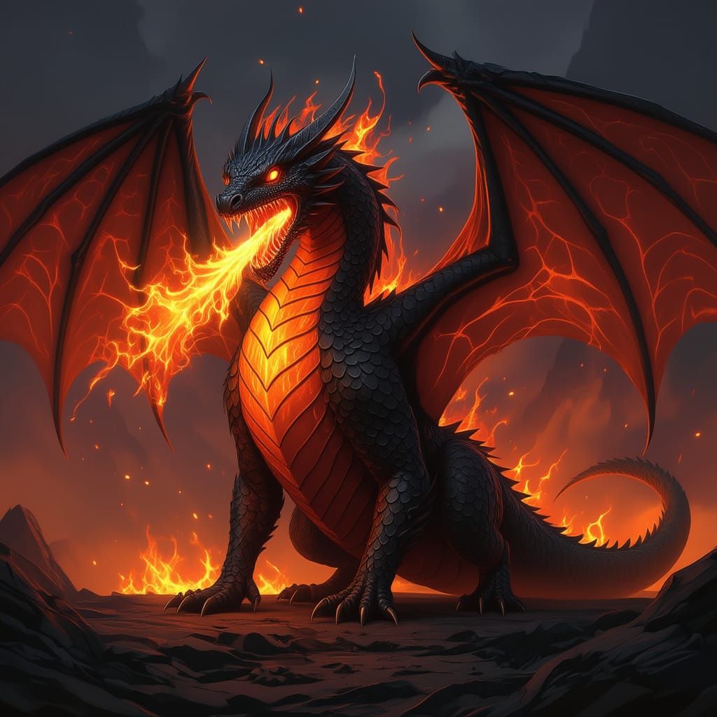 Fiery Dragon with Glowing Chest and Wings