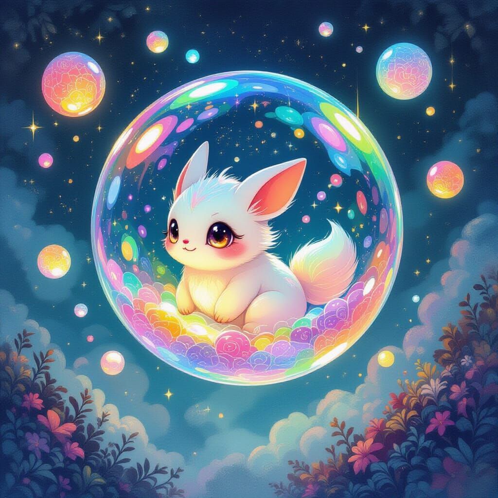 Whimsical Creature in Iridescent Bubble, Gouache Style