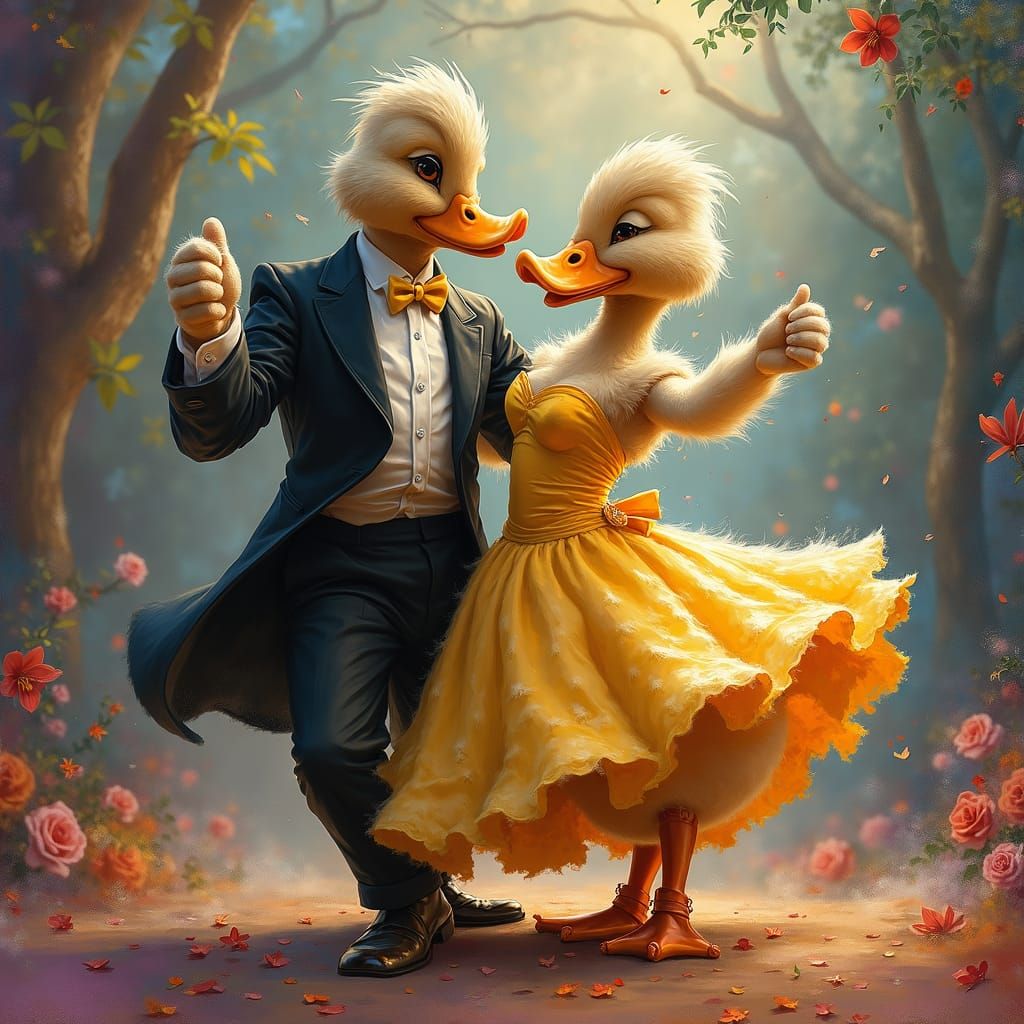 Ducklings Dancing in Whimsical Ballroom, Splash Art
