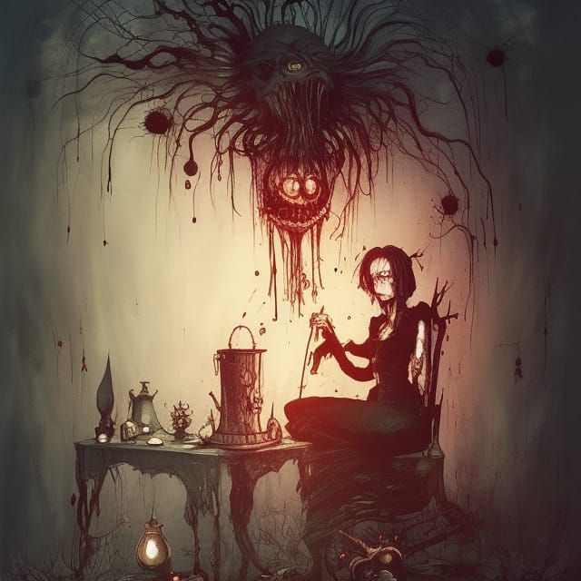 Eerie Witch Concocting Spell, Highly Detailed Art