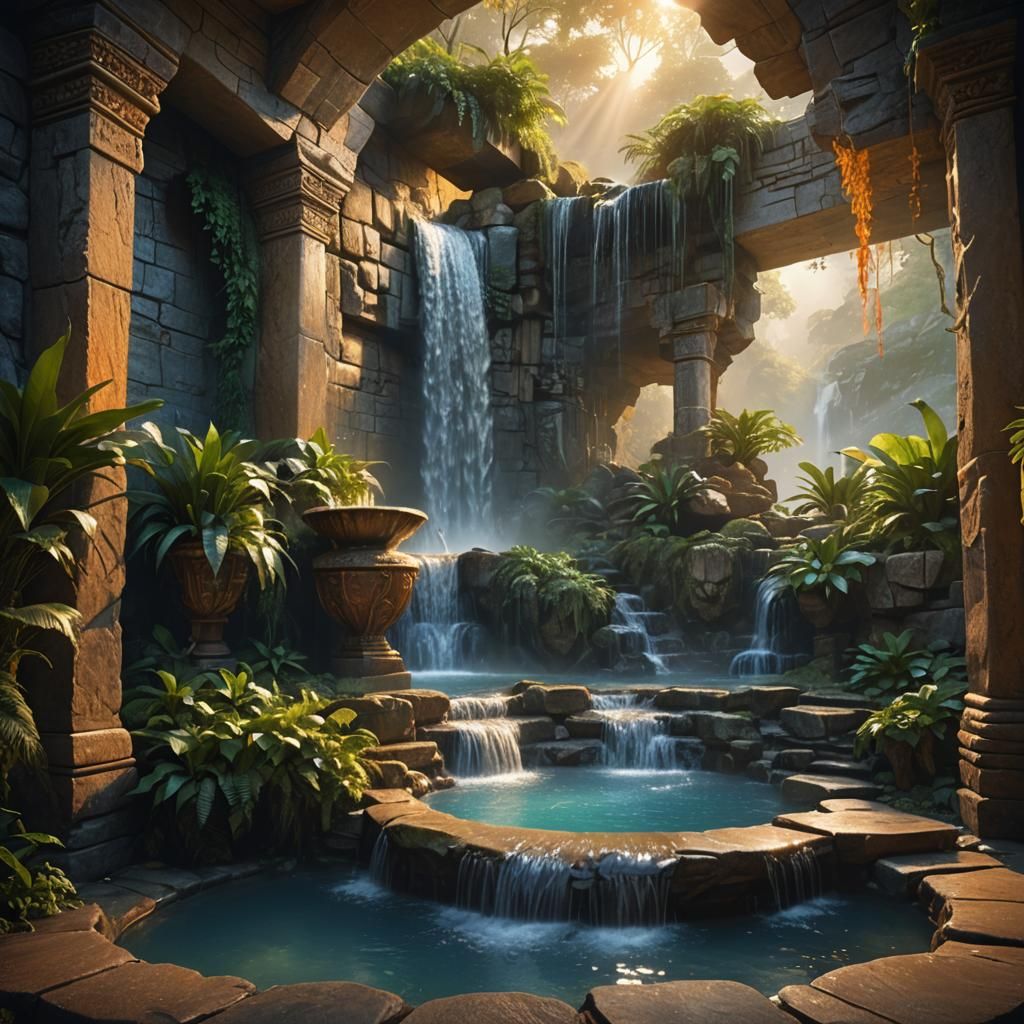 Serene Waterfall Bathroom in Art Nouveau Style