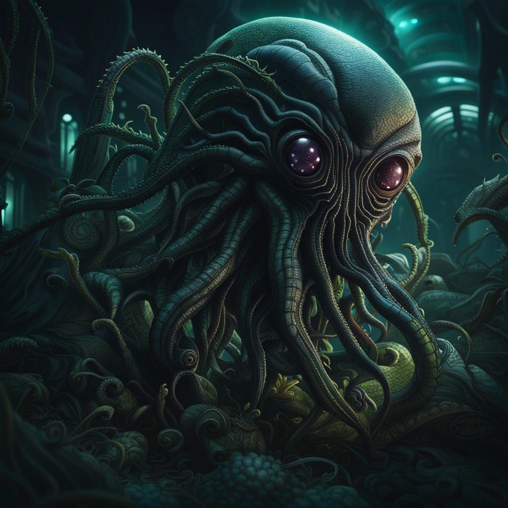 Lovecraftian Alien in Mystical Landscape, Digital Illustrati...