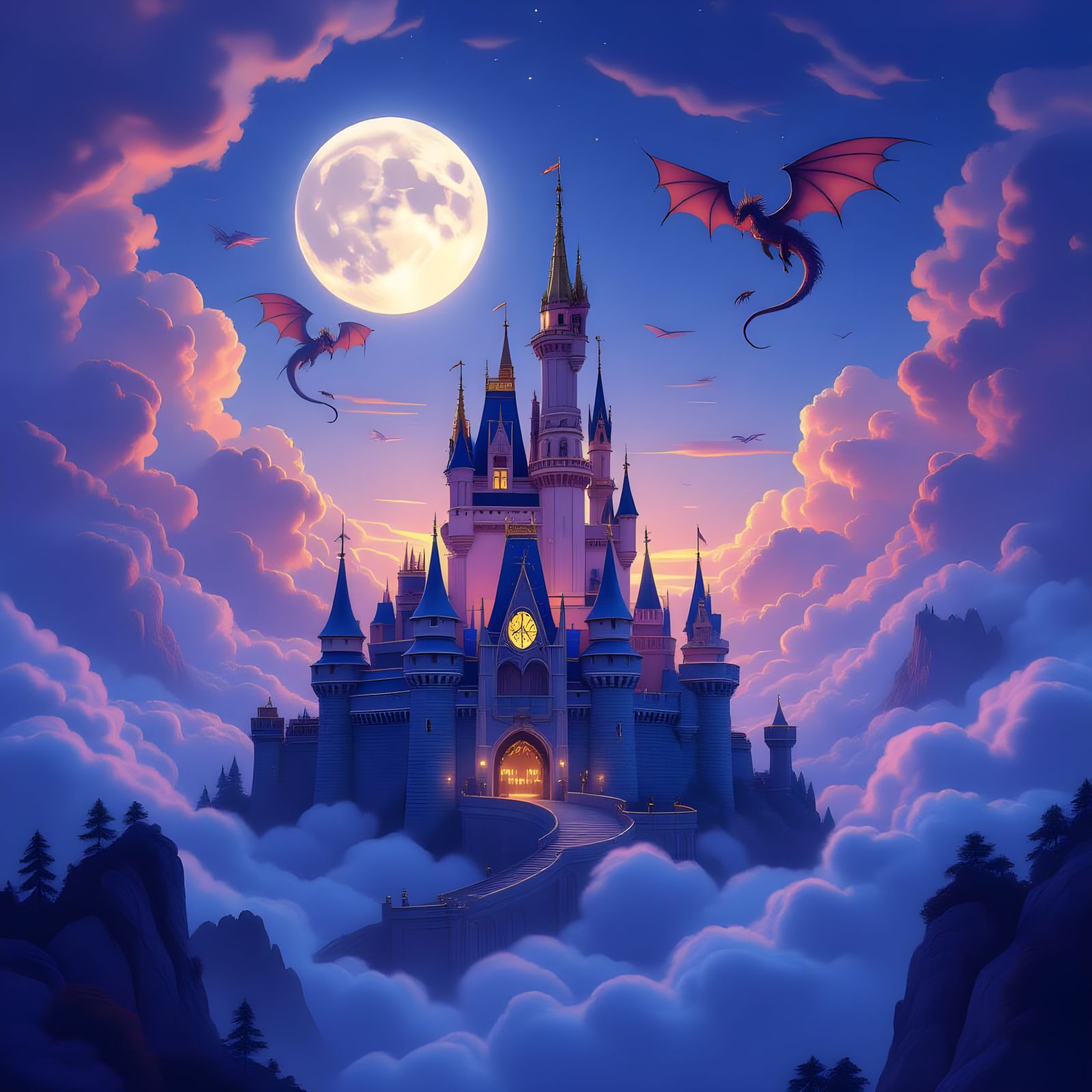 Enchanted Cloud Castle with Dragons and Twin Moons