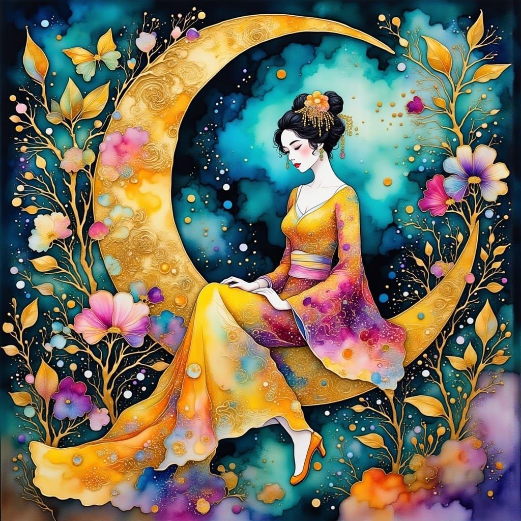 Surreal Geisha on a Golden Moon, in Whimsical Post-Impressio...