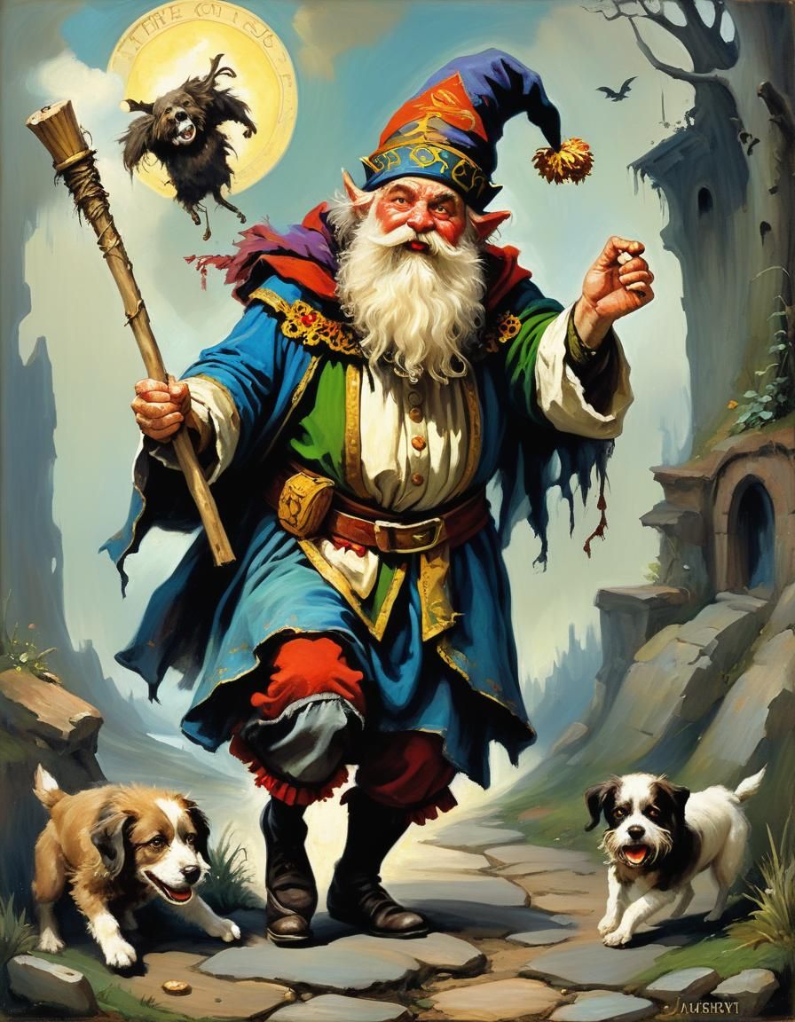 Dwarven Jester Chased by Dog in Tarot Card Scene