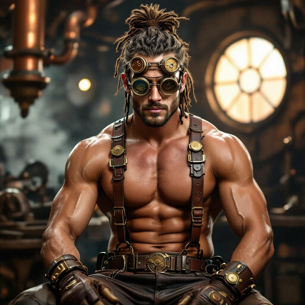 Steampunk Mechanic in Workshop, Hyper-Realistic